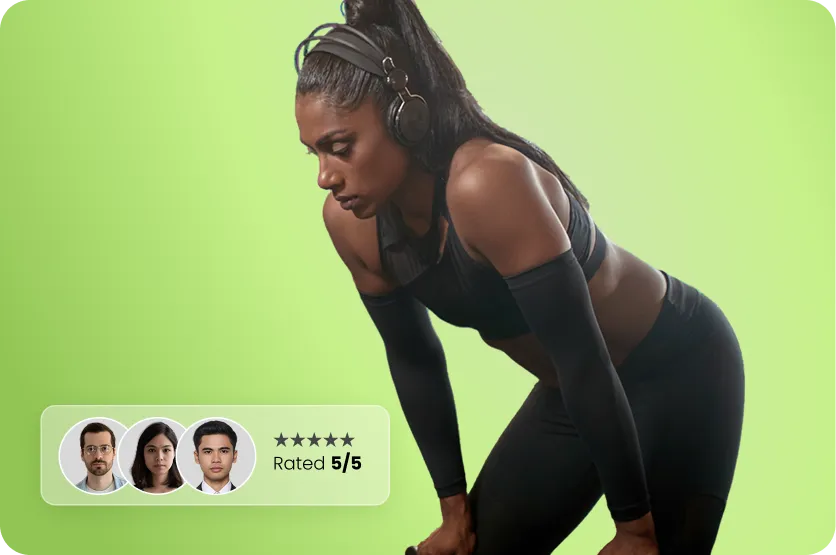 An athletic woman in black activewear and headphones resting against a bright green background, featuring a small customer review badge with three user avatars and a 5/5 star rating.