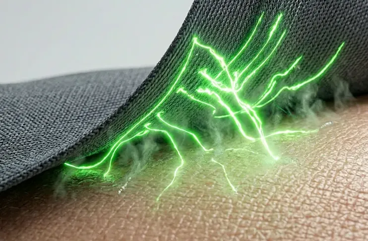 Close-up of a dark grey textured fabric edge lifting off skin, with glowing green electrical energy and a light mist transferring between the material and skin.