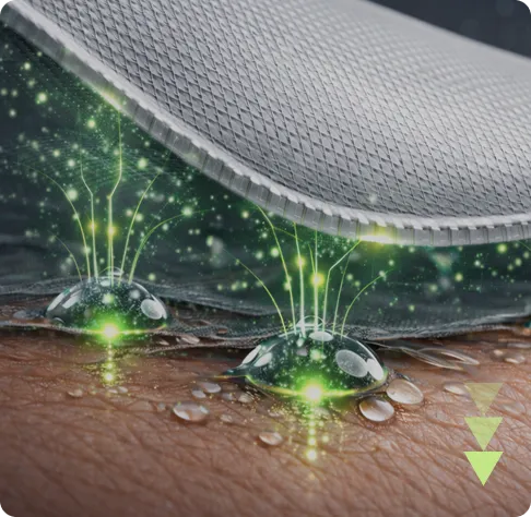 Close-up diagram of Ion Sportswear textured mesh fabric above skin, showing green ionic energy fields drawing up and lifting sweat droplets away from the surface.