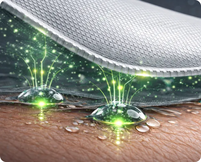 Close-up of white diamond-textured athletic fabric hovering over skin, with glowing green energy lines bursting upward out of moisture droplets.
