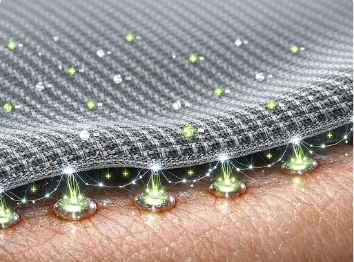 Close-up diagram of Ion Sportswear fabric interacting with skin, showing positive and negative ions as glowing particles and nodes on a textured grey mesh.
