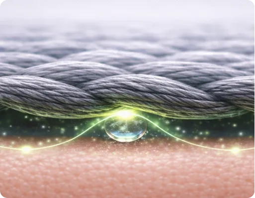 Macro diagram of Ion Sportswear braided grey fabric over skin, showing a single moisture droplet resting under a glowing green energy line with sparkling particles.