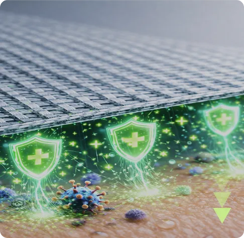 Close-up diagram of Ion Sportswear woven grid fabric above skin, showing green glowing shield icons with plus signs creating a protective barrier against bacteria and viruses.