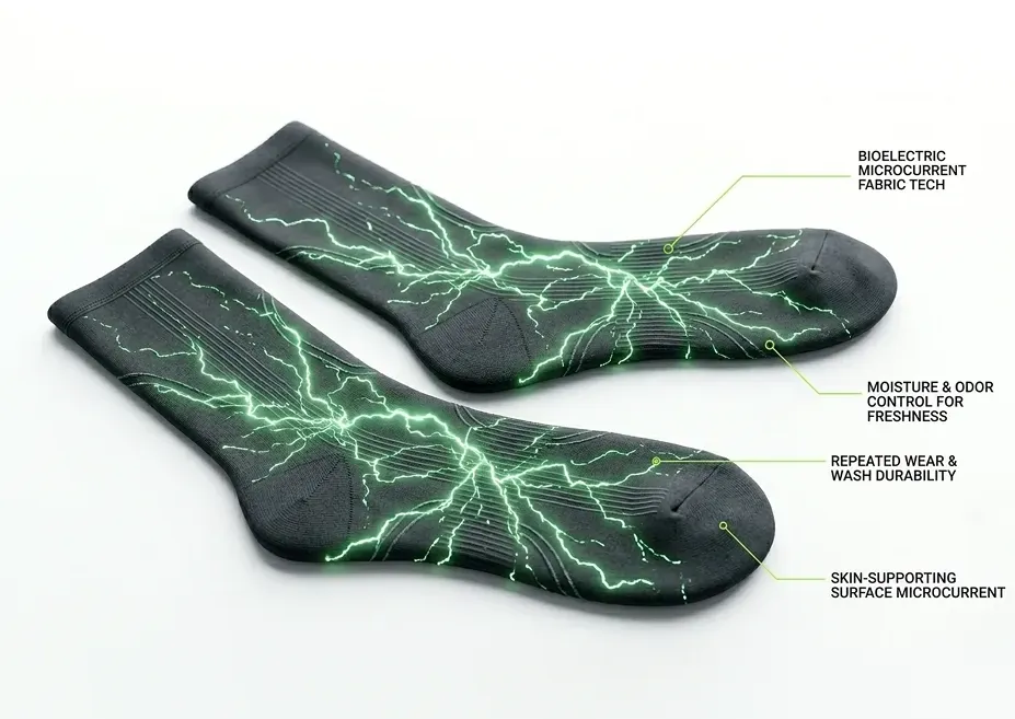 Microcurrent Tech Infographic of Ion Sportswear socks showcasing moisture control, durability, and bioelectric microcurrents Built with ZnTech™.