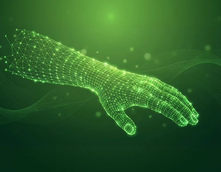 Ion Sportswear biomechanical arm and hand graphic with a glowing green digital grid.