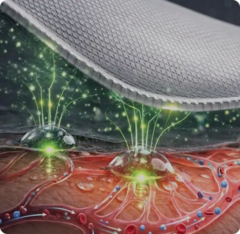 Close-up diagram of Ion Sportswear textured mesh fabric above skin, showing green ionic energy fields drawing up and lifting sweat droplets away from the surface.
