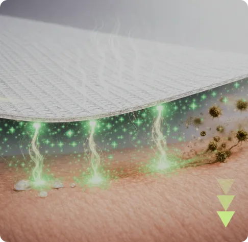 Close-up diagram of Ion Sportswear fabric hovering above skin, showing breathability vapors rising upward and green ionic energy fields repelling bacteria and moisture below.