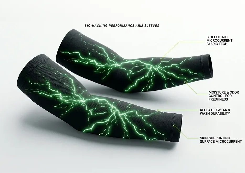 Ion Sportswear athletic arm sleeves with performance tech infographics.