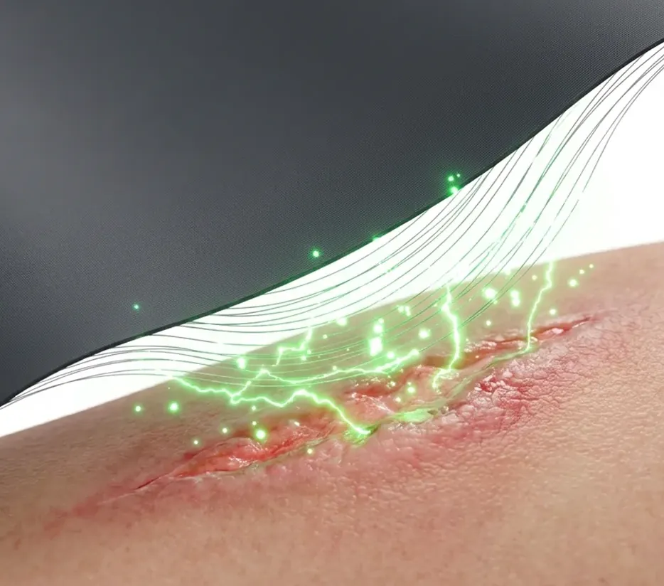 The Principle Wound Care Ion Sportswear advanced compression fabric over skin wound graphic.